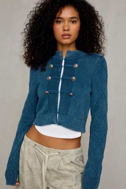 BDG Kellie Cadet Military Button Detail Sweater Jacket - Blue