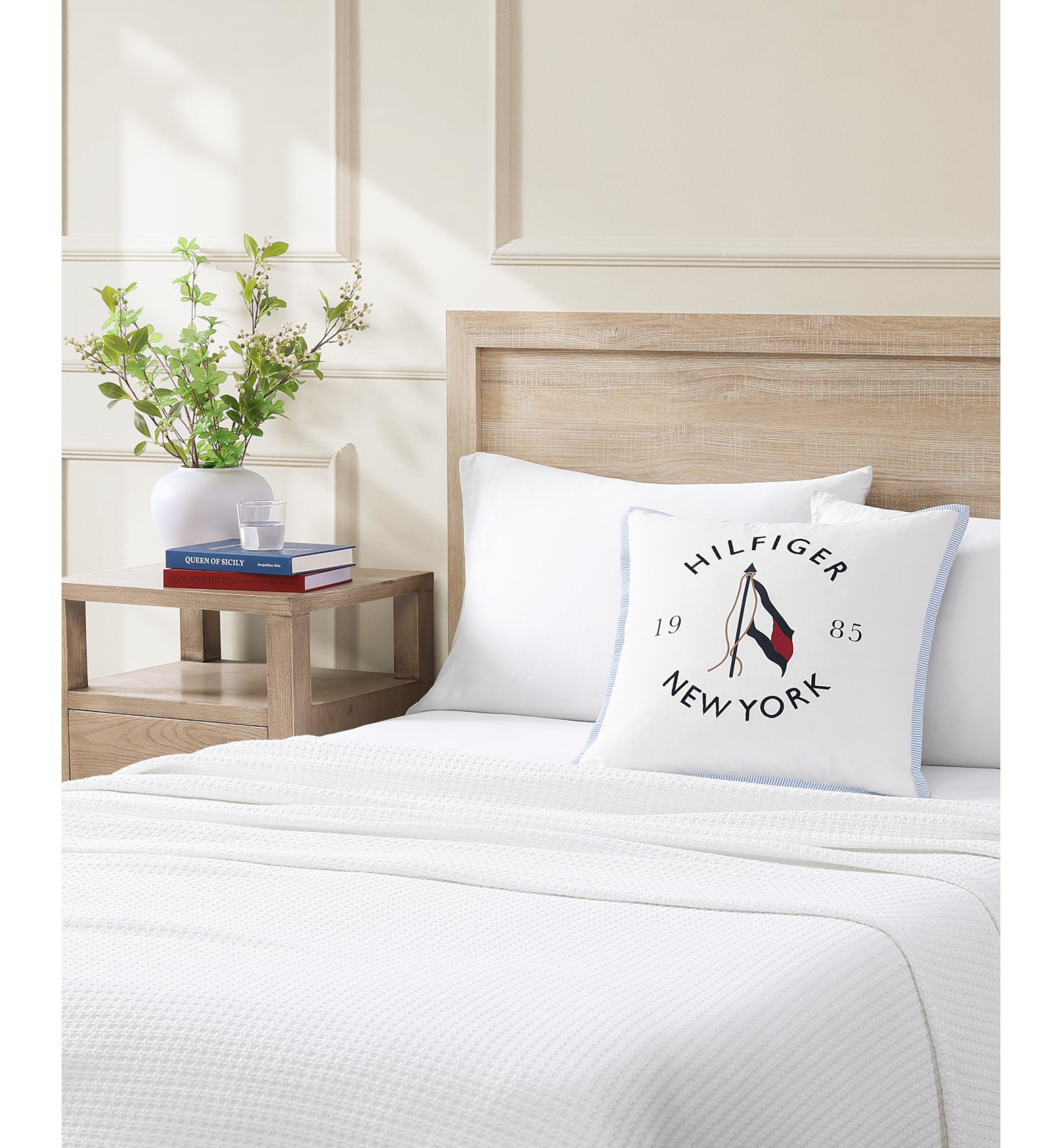 Tommy Hilfiger New York Flag Square Pillow, 20" X 20" - Ivory White/ Dark Navy/ Light Blue