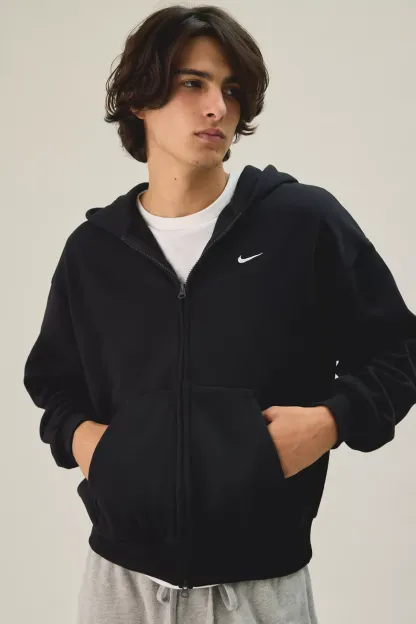 Nike Solo Fleece Full-Zip Hoodie Sweatshirt - Total Black/Sail