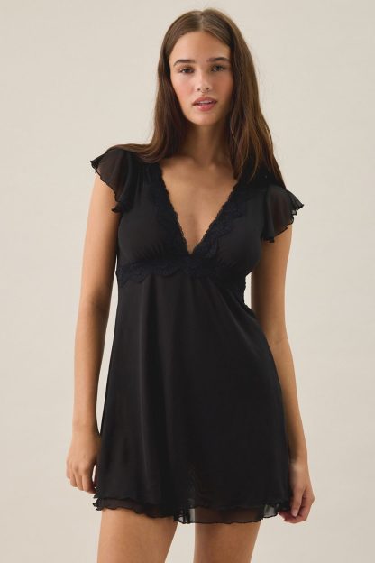 Out From Under Cecelia Mesh Ruffle Flutter Sleeve Sleep Dress - Black