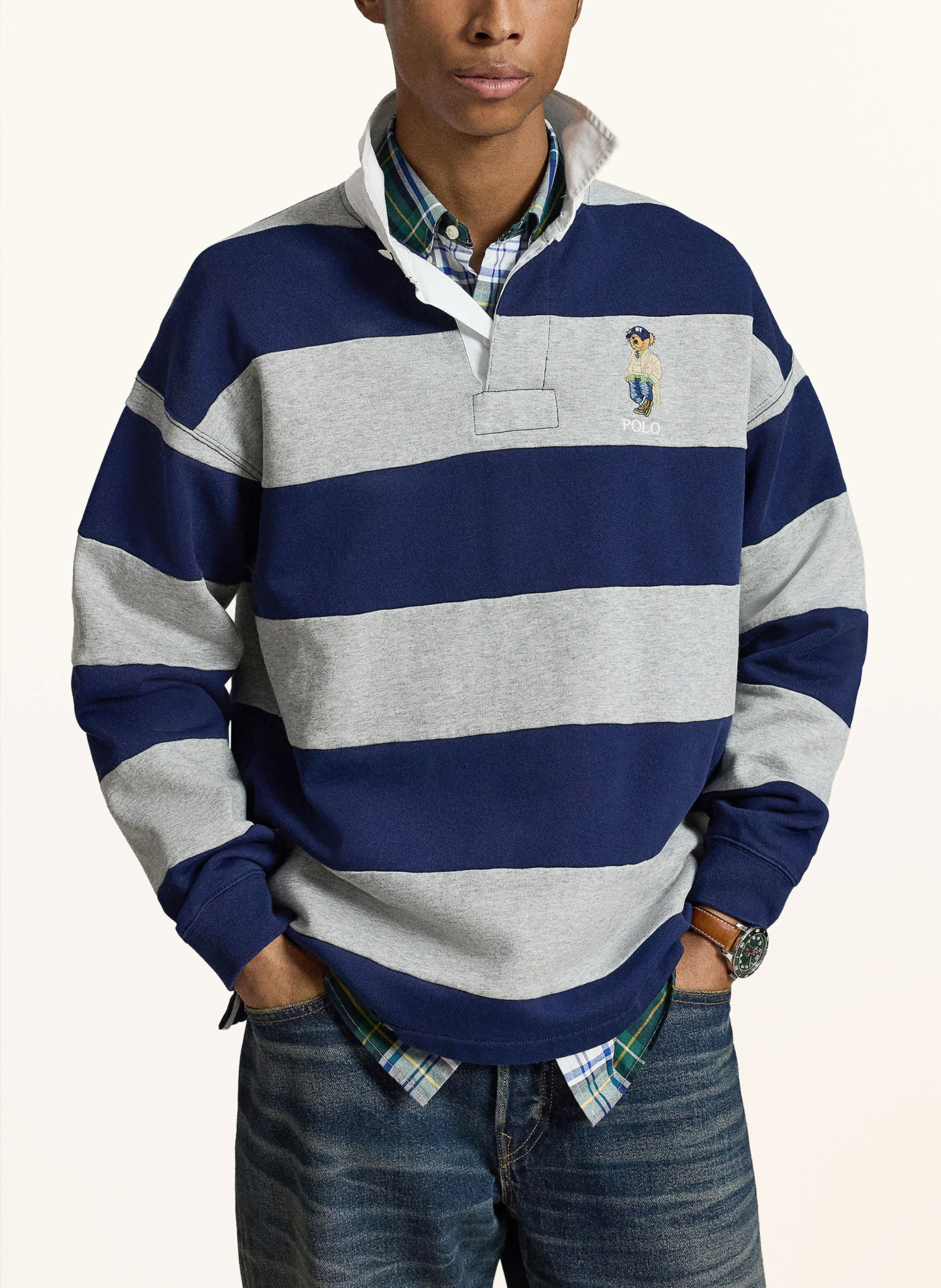 POLO RALPH LAUREN Sweat-Rugbyshirt – DUNKELBLAU / HELLGRAU / WEISS