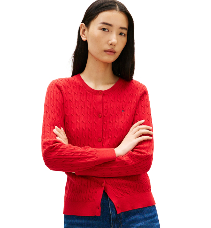Tommy Hilfiger Women's Cable Knit Crew Neck Cardigan Sweater - Primary Red