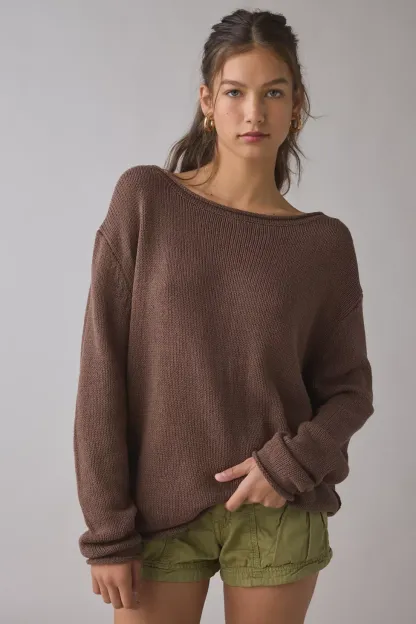 BDG Nola Cotton Blend Oversized Boatneck Sweater - Brown