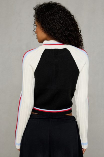 BDG Ruby Ribbed Knit Mockneck Zip-Up Cardigan - Black Multi