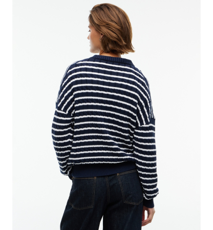 Tommy Hilfiger Women's Cable-Knit Crewneck Sweater - Breton Stp Dark Blue Ecru