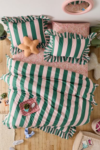 Elaine Ruffle Printed Cotton Percale Duvet Cover - Pink and Green Stripe