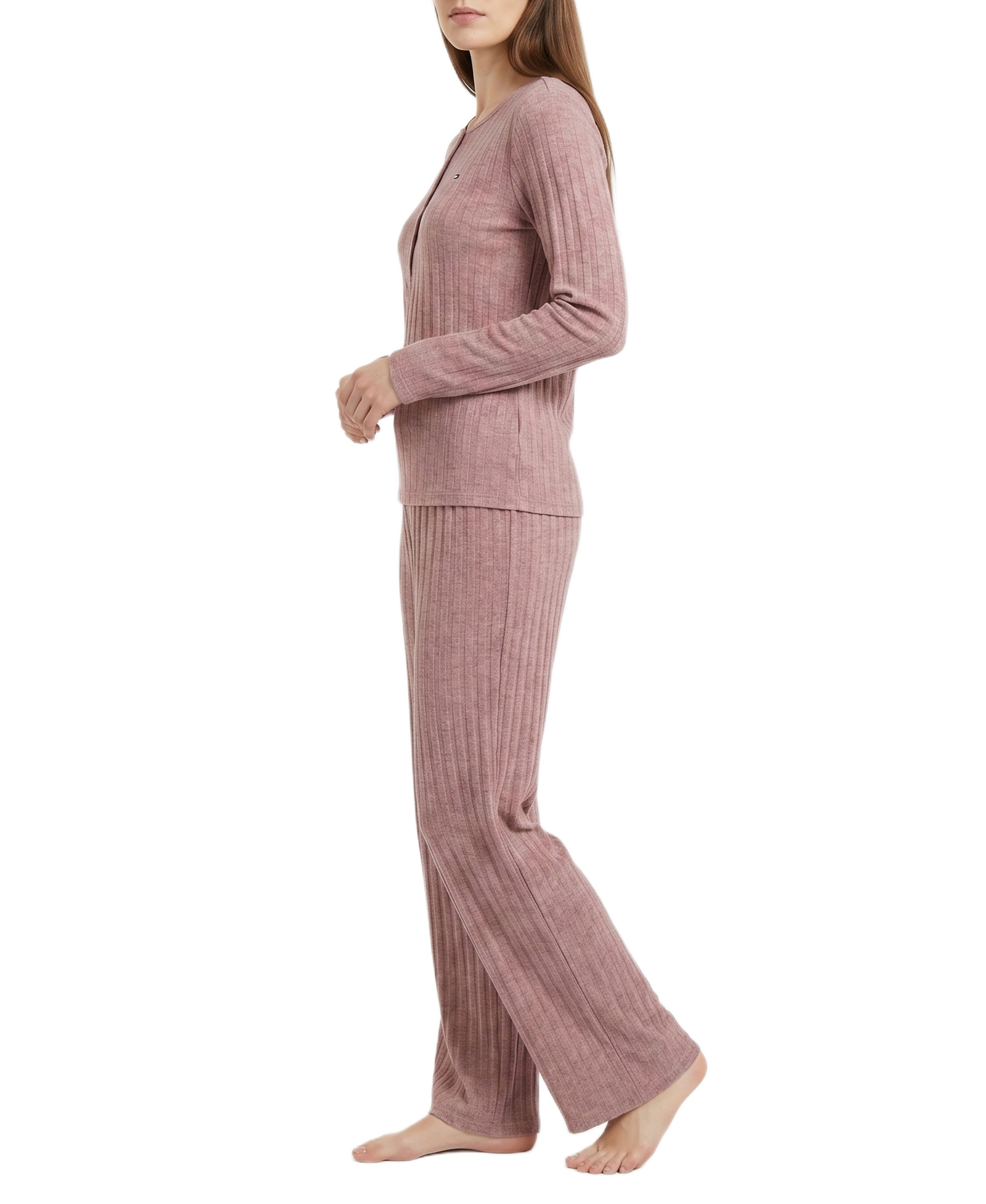 Tommy Hilfiger Women's Long-Sleeve Wide-Leg Cable-Jacquard Henley Top and Pant, 2-Piece Pajama Set - Rose Brown