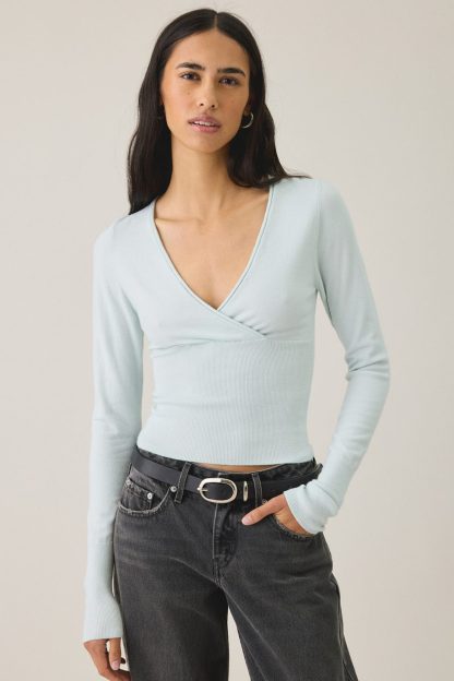 BDG Pretty Sweet Surplice V-Neck Sweater - Turquoise