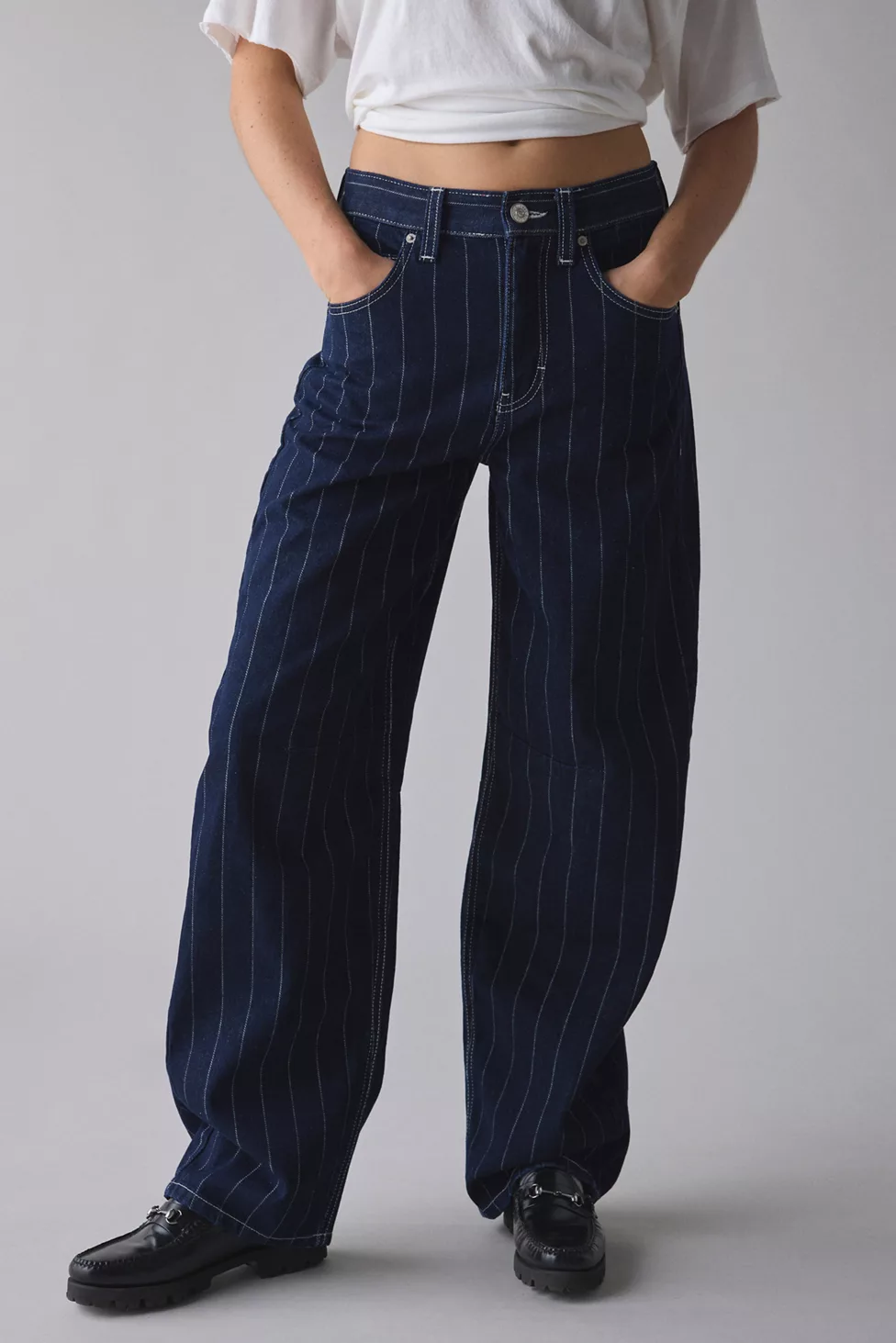 BDG Logan Printed Buckle Baggy Barrel Jeans - Tinted Pinstripe