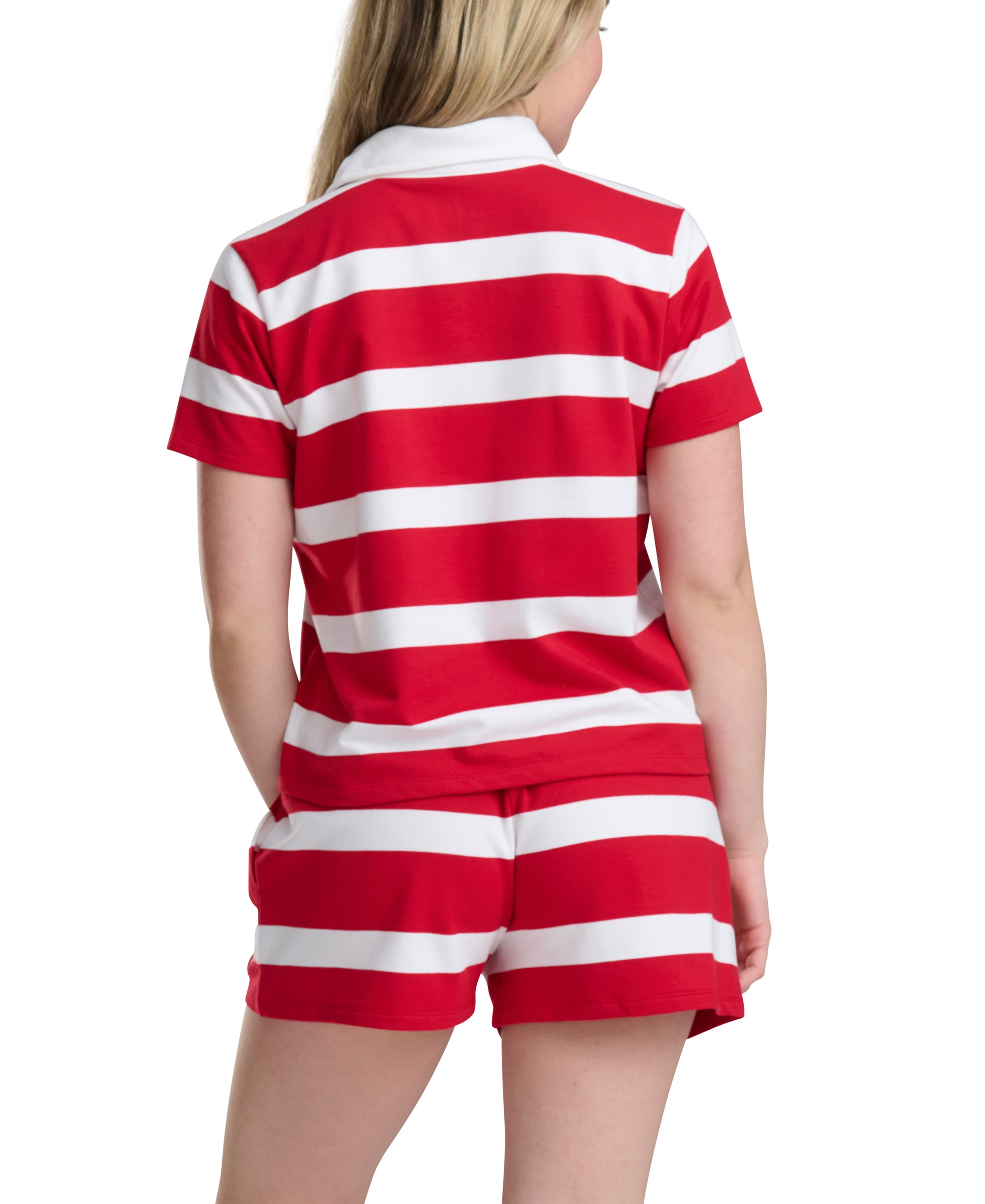 Tommy Hilfiger Women's Rugby Short-Sleeve Polo Top and Boxer Shorts, 2-Piece Set - Tango Red
