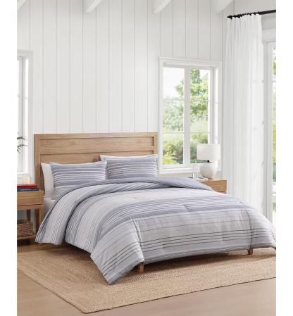 Tommy Hilfiger Bold Stripe Textured Cotton Duvet Cover Set - White, Soft Gray
