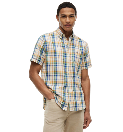 Tommy Hilfiger Men's Linen Blend Madras Short-Sleeve Shirt - Ivory Petal / Check