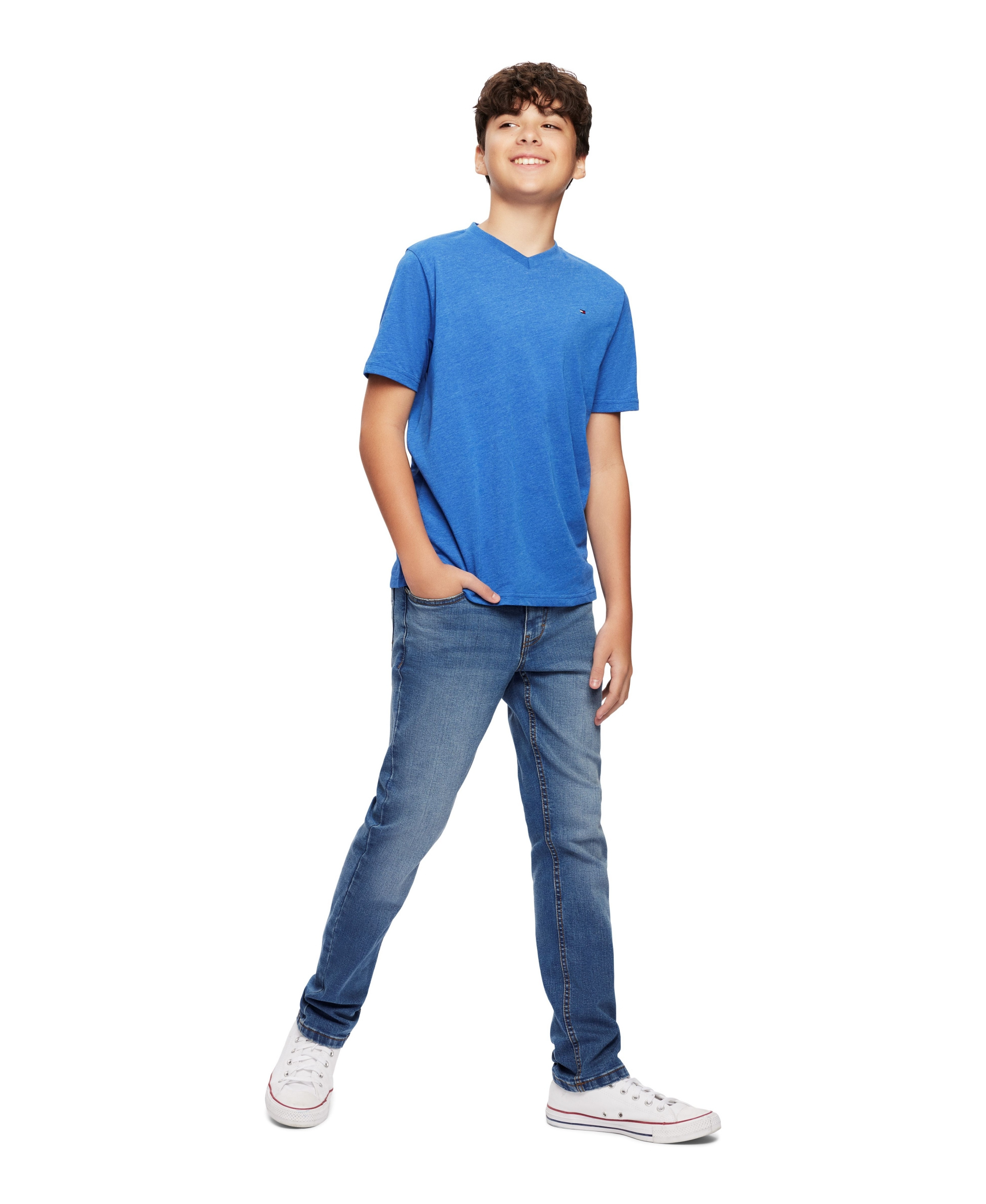 Tommy Hilfiger Boys' 2T-7 Solid Embroidered Logo V-Neck T-Shirt - Blue Jean