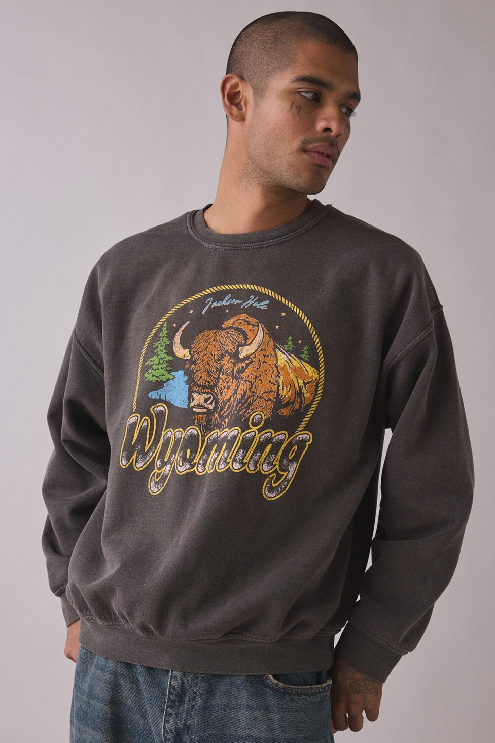 Wyoming Bison Graphic Crew Neck Sweatshirt - Brown