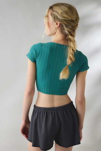 Out From Under Thalia Seamless Knit Lace Trim Crop Tee - Dark Turquoise
