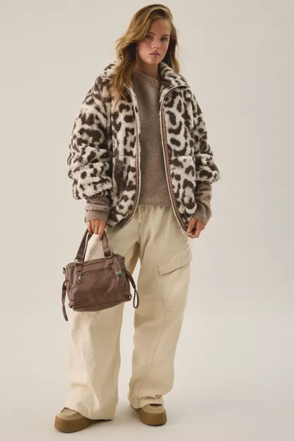 BDG Mae Printed Piled Fleece Zip-Up Jacket - Chocolate