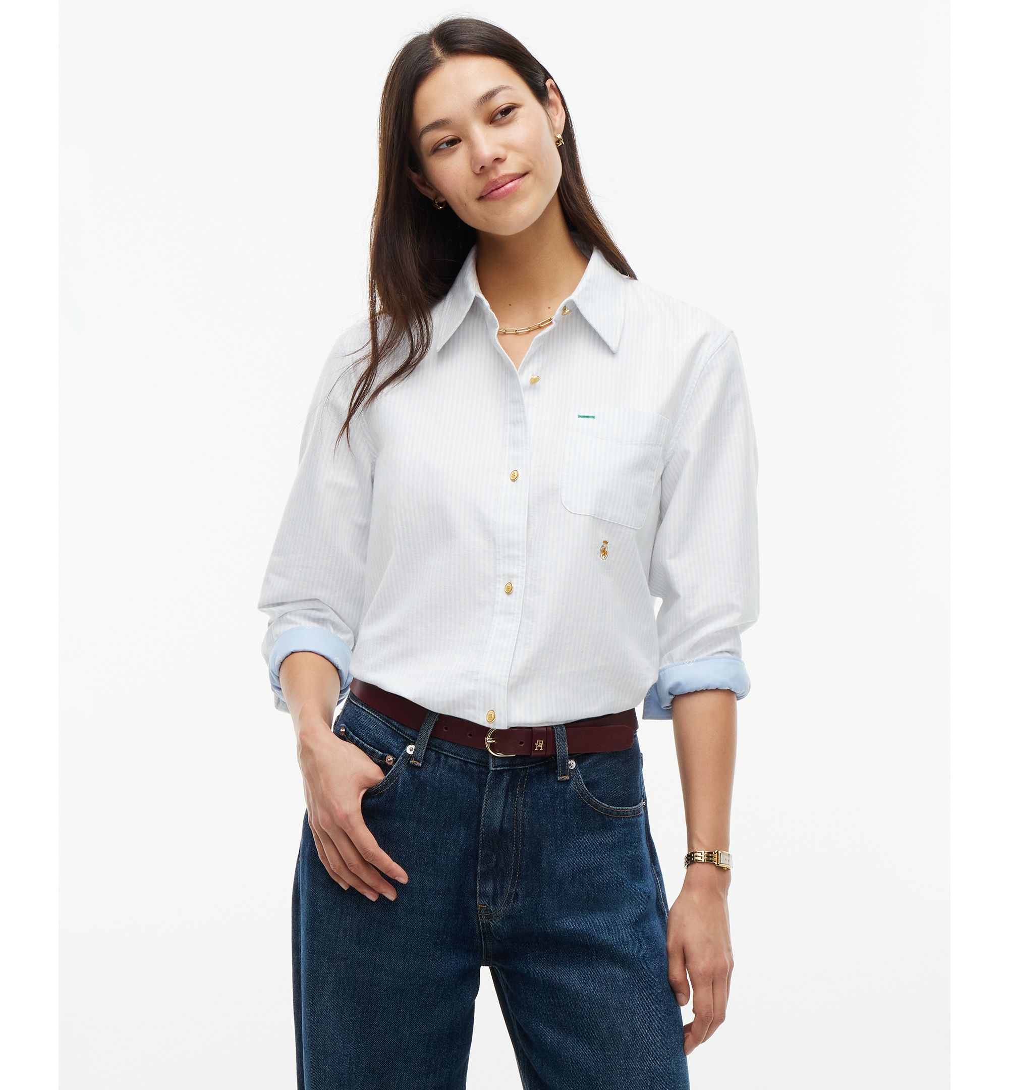 Tommy Hilfiger Women's American Icons Ithaca Long-Sleeve Oxford Shirt, Macy's Exclusive - Ecru/Ithaca Stripe Sky Blue
