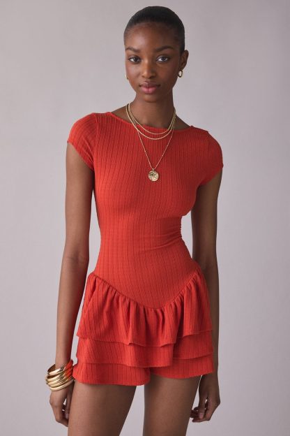 Kimchi Blue Ruffled Up Short Sleeve Romper - Red