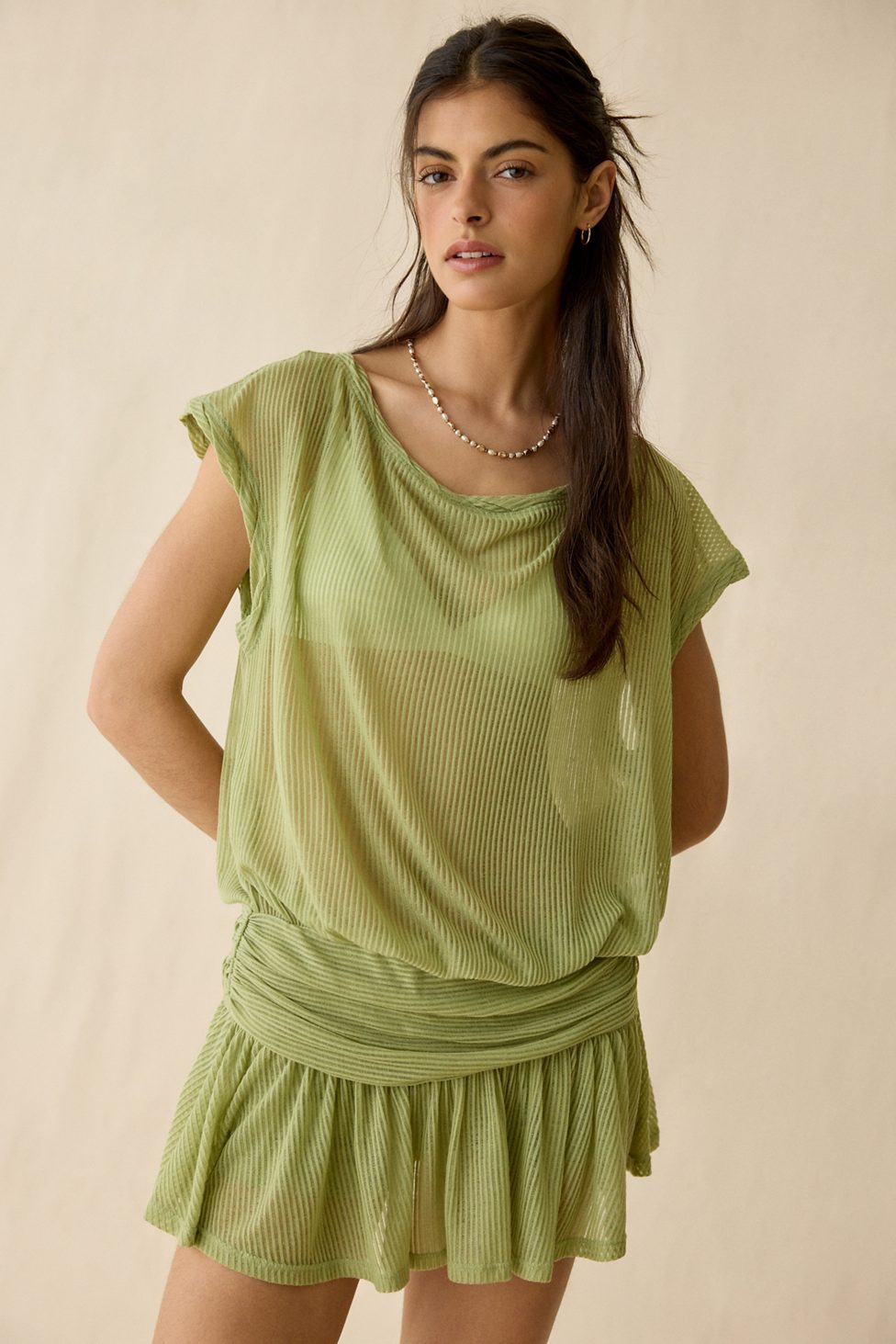 Out From Under Aruba Sheer Mesh Off-Shoulder Romper - Olive