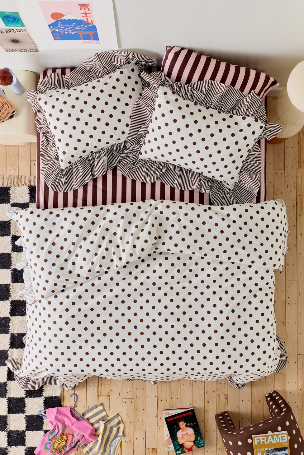 Elaine Ruffle Printed Cotton Percale Duvet Cover - Cocoa