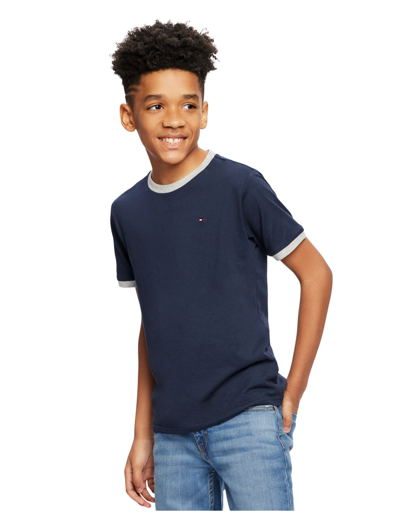 Tommy Hilfiger Boys' 2T-7 Contrast Trim Embroidered Logo Ken T-Shirt - Navy
