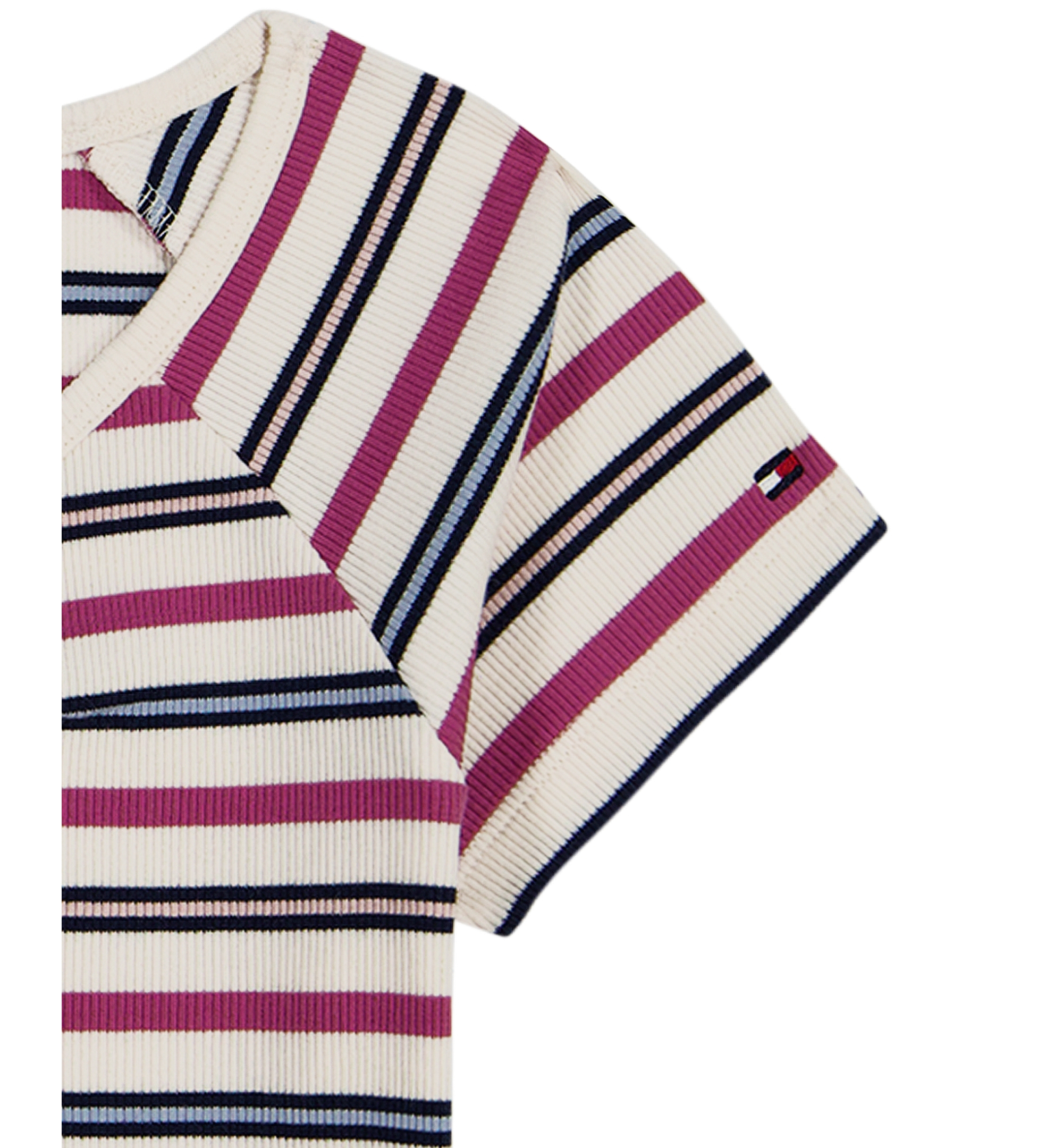 Tommy Hilfiger Girls' 7-16 Striped Ribbed V-Neck Short-Sleeve Top - Natural