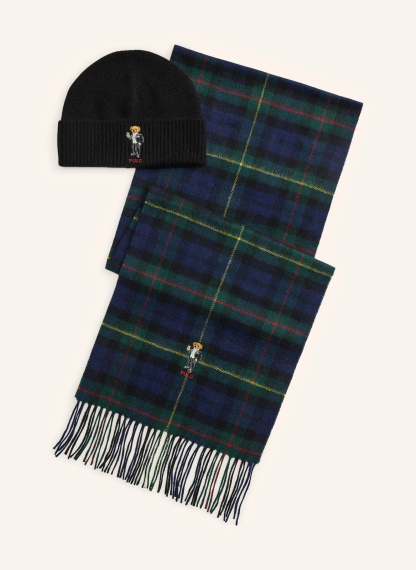 POLO RALPH LAUREN Set: Mütze und Schal mit Cashmere – DUNKELBLAU / DUNKELGRÜN / SCHWARZ
