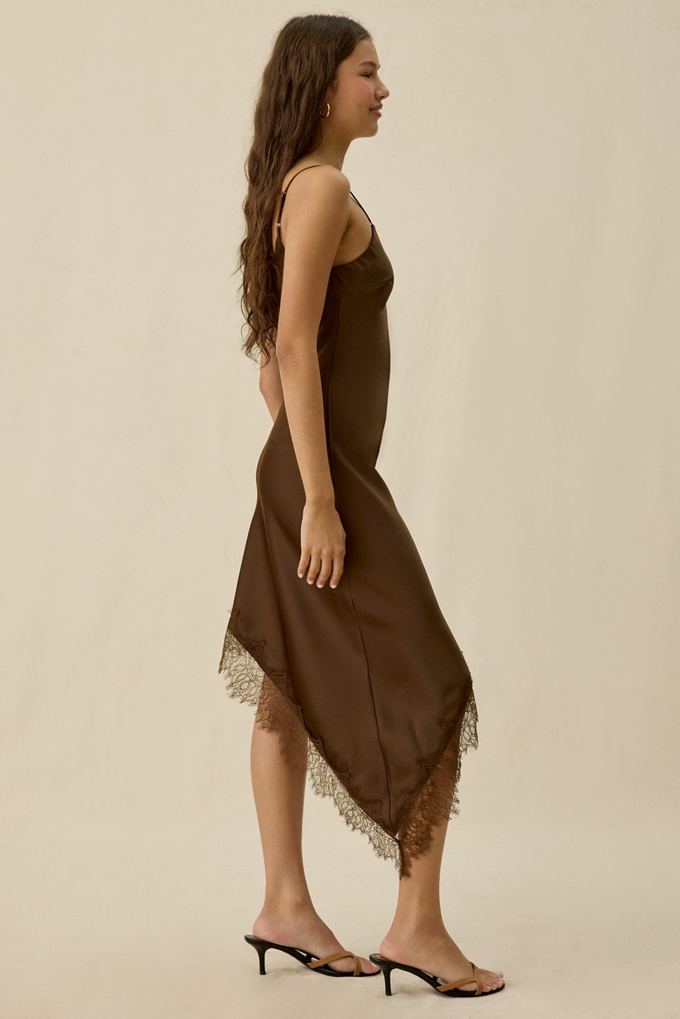 Kiss The Sky Jazmin Asymmetric Lace Trim Slip Midi Dress - Chocolate
