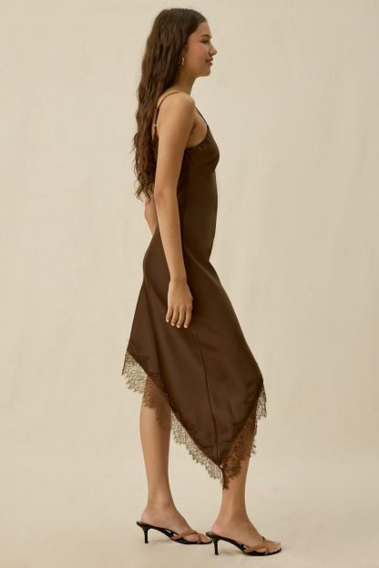Kiss The Sky Jazmin Asymmetric Lace Trim Slip Midi Dress - Chocolate