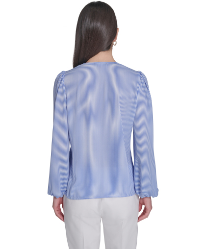 Tommy Hilfiger Women's V-Neck Striped Ruffle Blouse - French Blue/Ivory