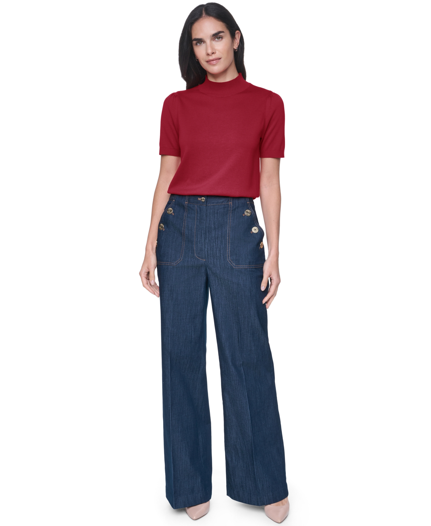 Tommy Hilfiger Women's Short-Sleeve Mock-Neck Puff-Sleeve Sweater - Crimson