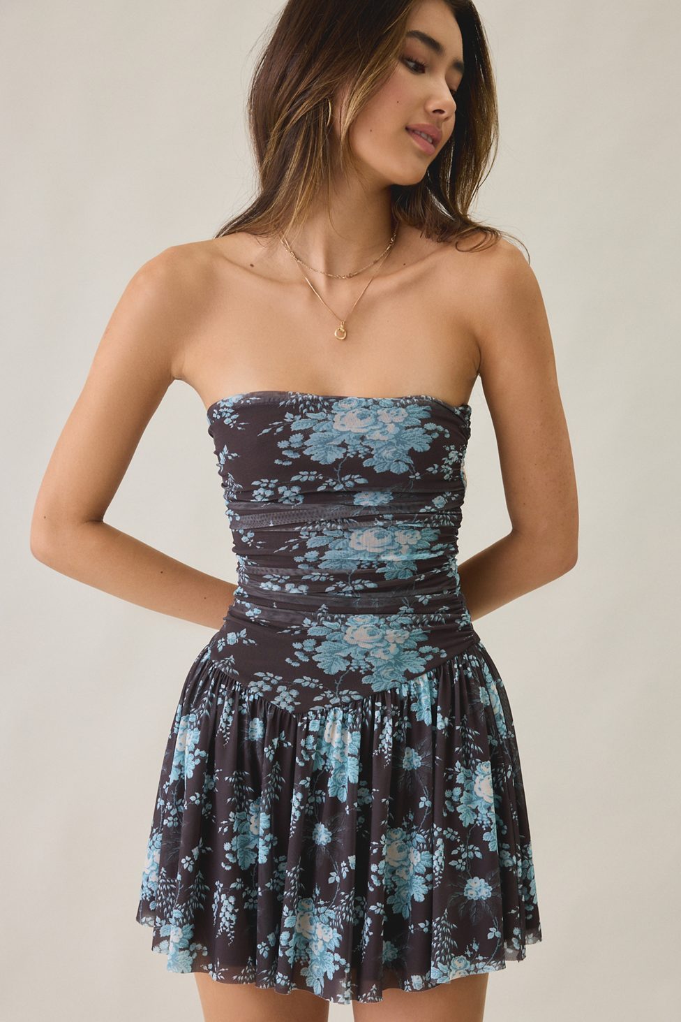 UO Modern Mesh Basque Waist Strapless Mini Dress - Brown + Blue Floral