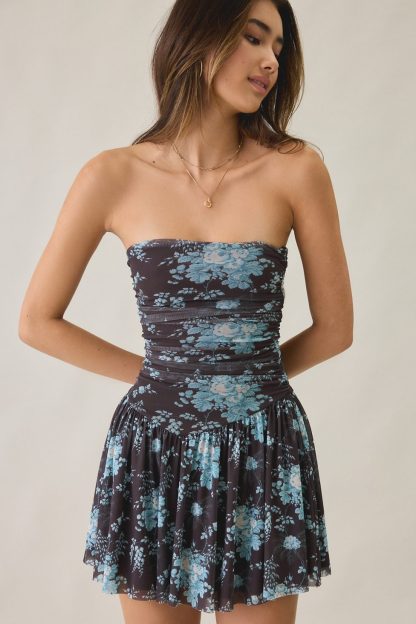 UO Modern Mesh Basque Waist Strapless Mini Dress - Brown + Blue Floral