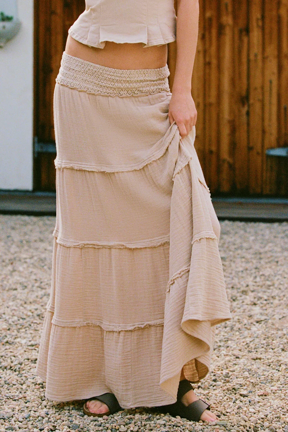 Kimchi Blue On My Mind Smocked Waist Tiered Maxi Skirt - Cream