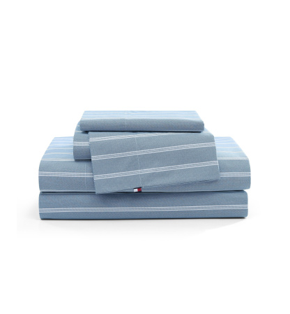 Tommy Hilfiger Printed 200-Thread Count Cotton Percale Sheet Set - Effortless Stripe Blue