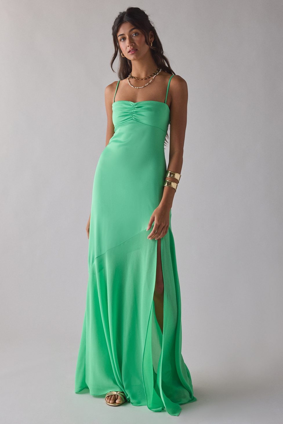 UO Sky High Sheer Illusion Asymmetric Maxi Dress - Light Green