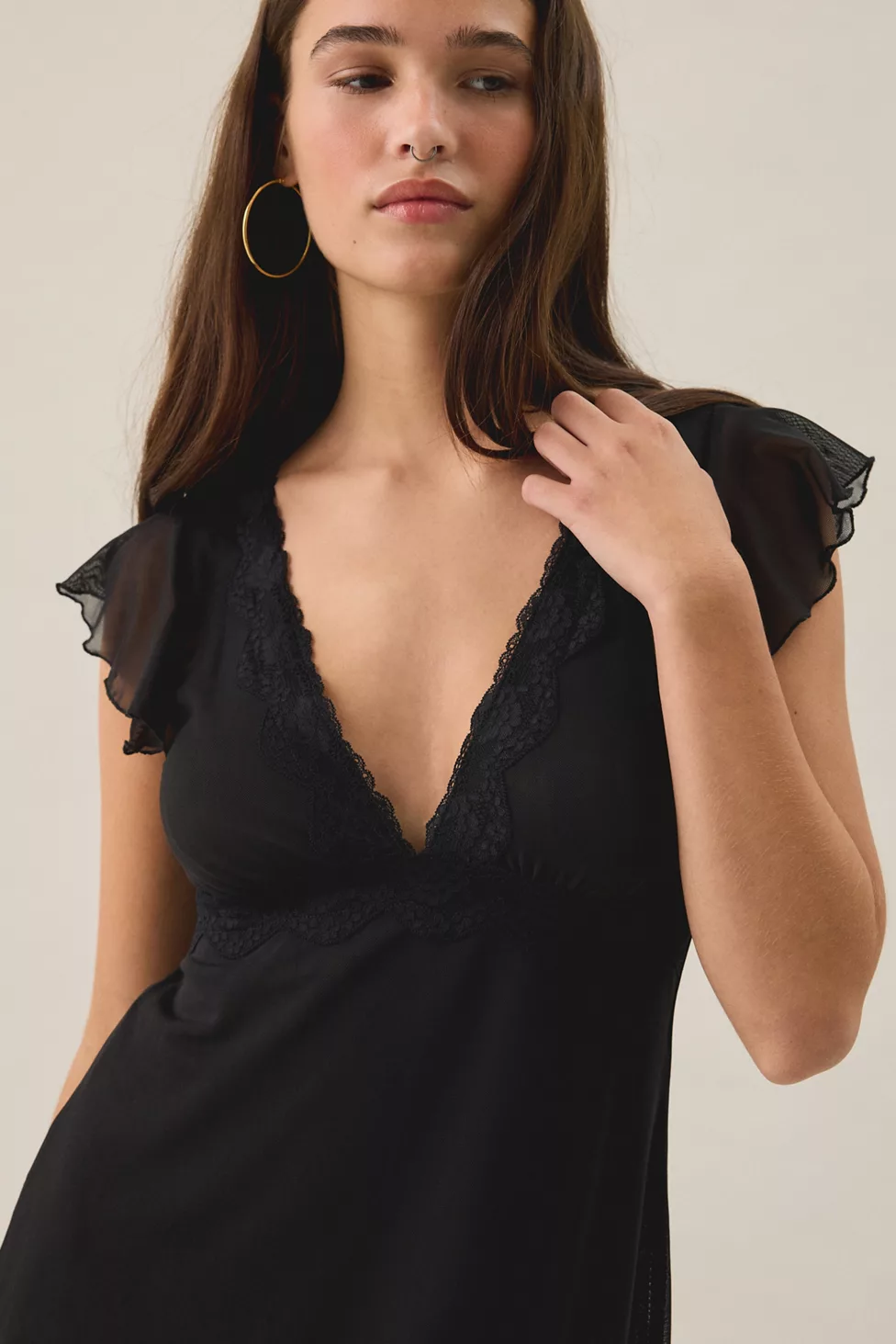 Out From Under Cecelia Mesh Ruffle Flutter Sleeve Sleep Dress - Black