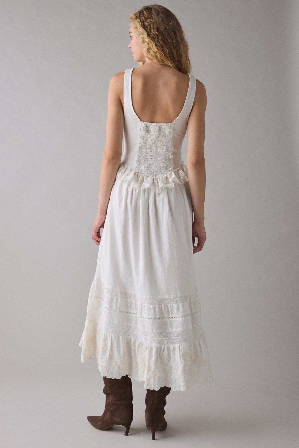 UO Perfectly Victorian Lace Trim Corset Midi Dress - White