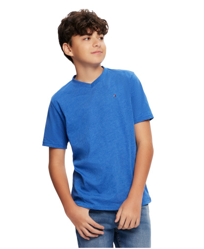 Tommy Hilfiger Boys' 2T-7 Solid Embroidered Logo V-Neck T-Shirt - Blue Jean