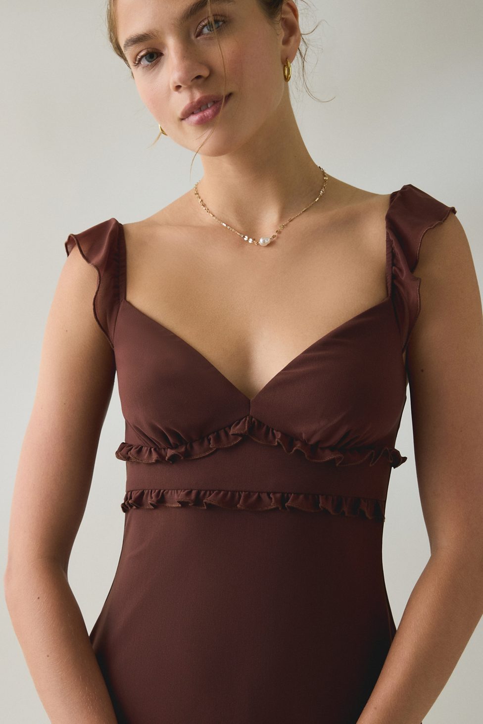 UO Nina Ruffle Trim Mesh Mini Dress - Brown
