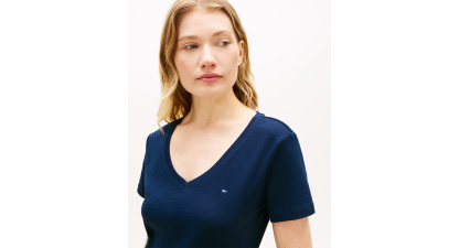 Tommy Hilfiger Women's Rib Slim V-Neck Short-Sleeve T-Shirt - Dark Night Navy