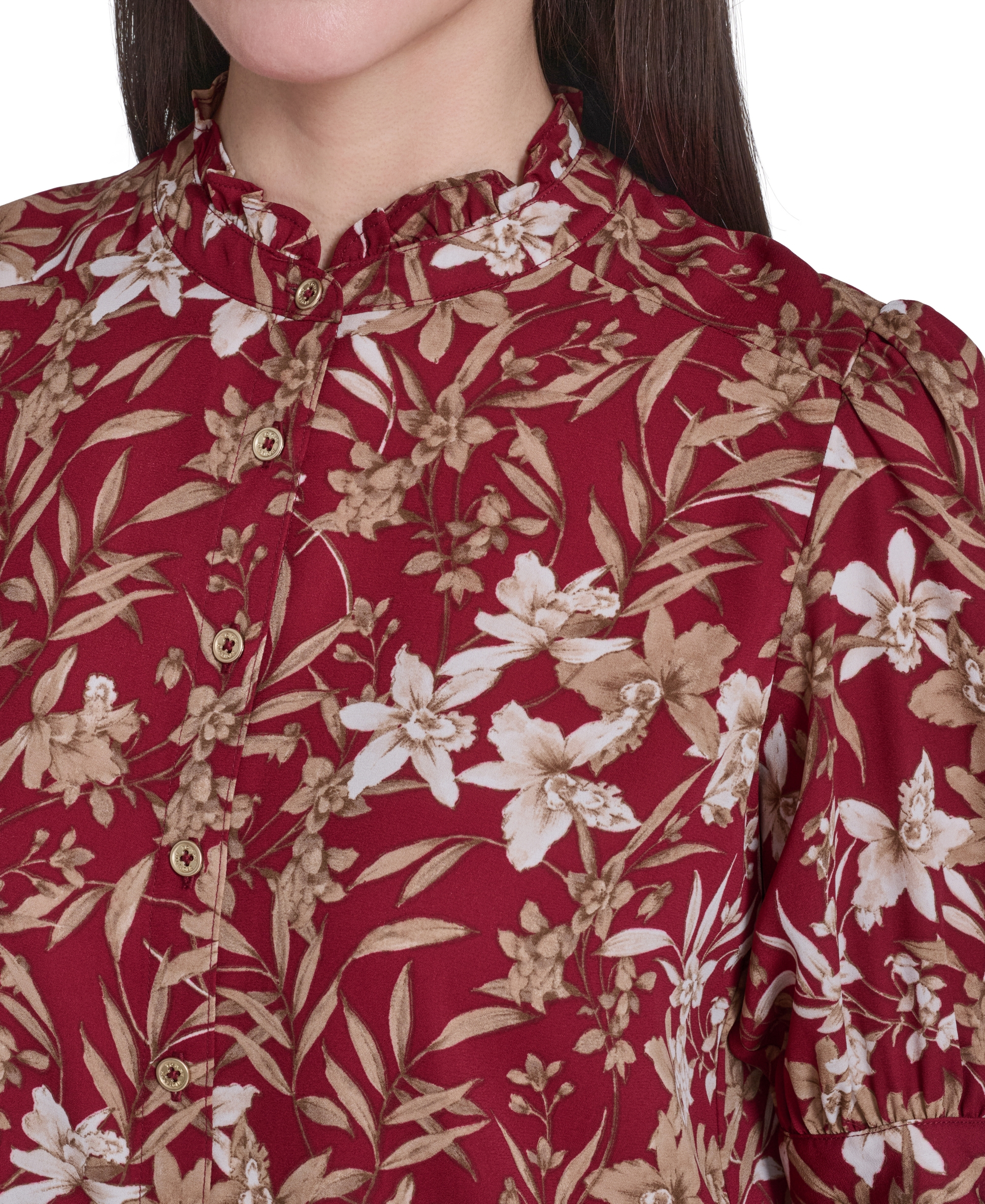 Tommy Hilfiger Women's Ruffle Puff-Sleeve Collared Shirt - Crimson/Tint