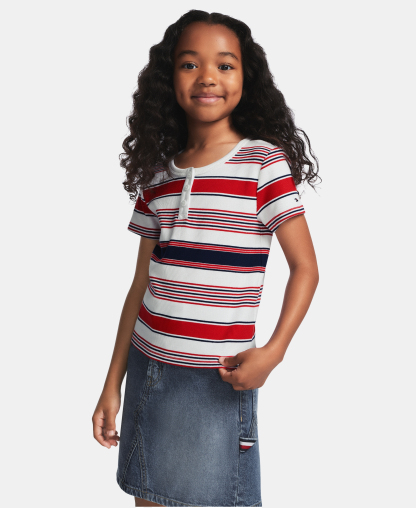 Tommy Hilfiger Girls' 7-16 Striped Ribbed Short-Sleeve Top - White/Navy/Red