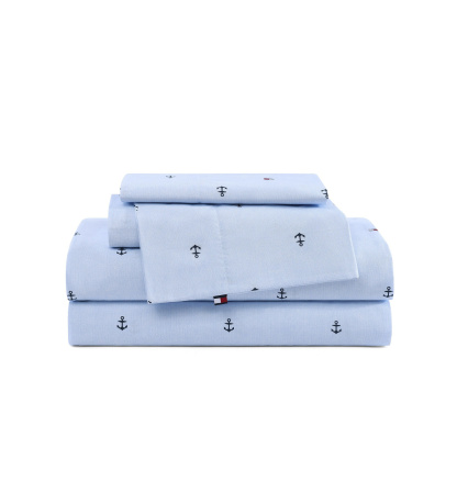 Tommy Hilfiger Printed 200-Thread Count Cotton Percale Sheet Set - Anchor, Flag Pale Blue