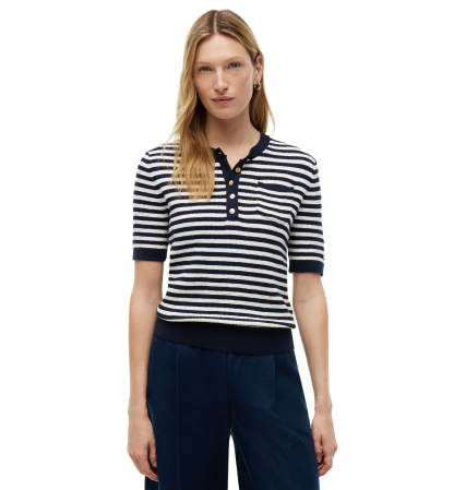 Tommy Hilfiger Women's Henley Neck Cotton Sweater - Ivory Petal / Navy