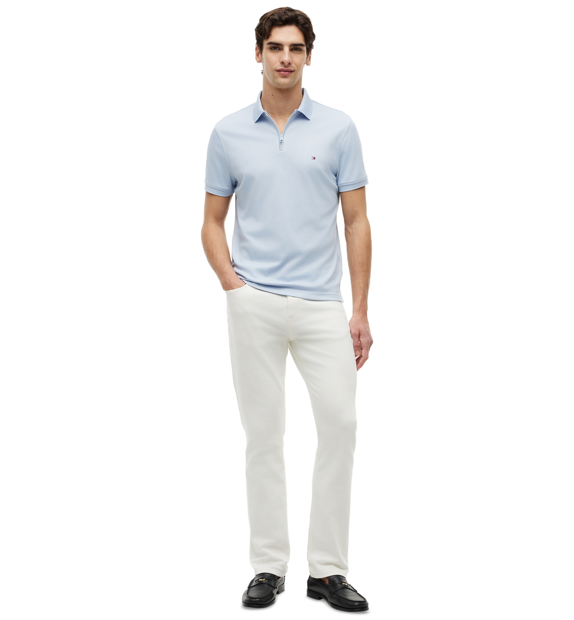 Tommy Hilfiger Men's Performance Oxford Zip Regular-Fit Polo Shirt - Breezy Blue/White