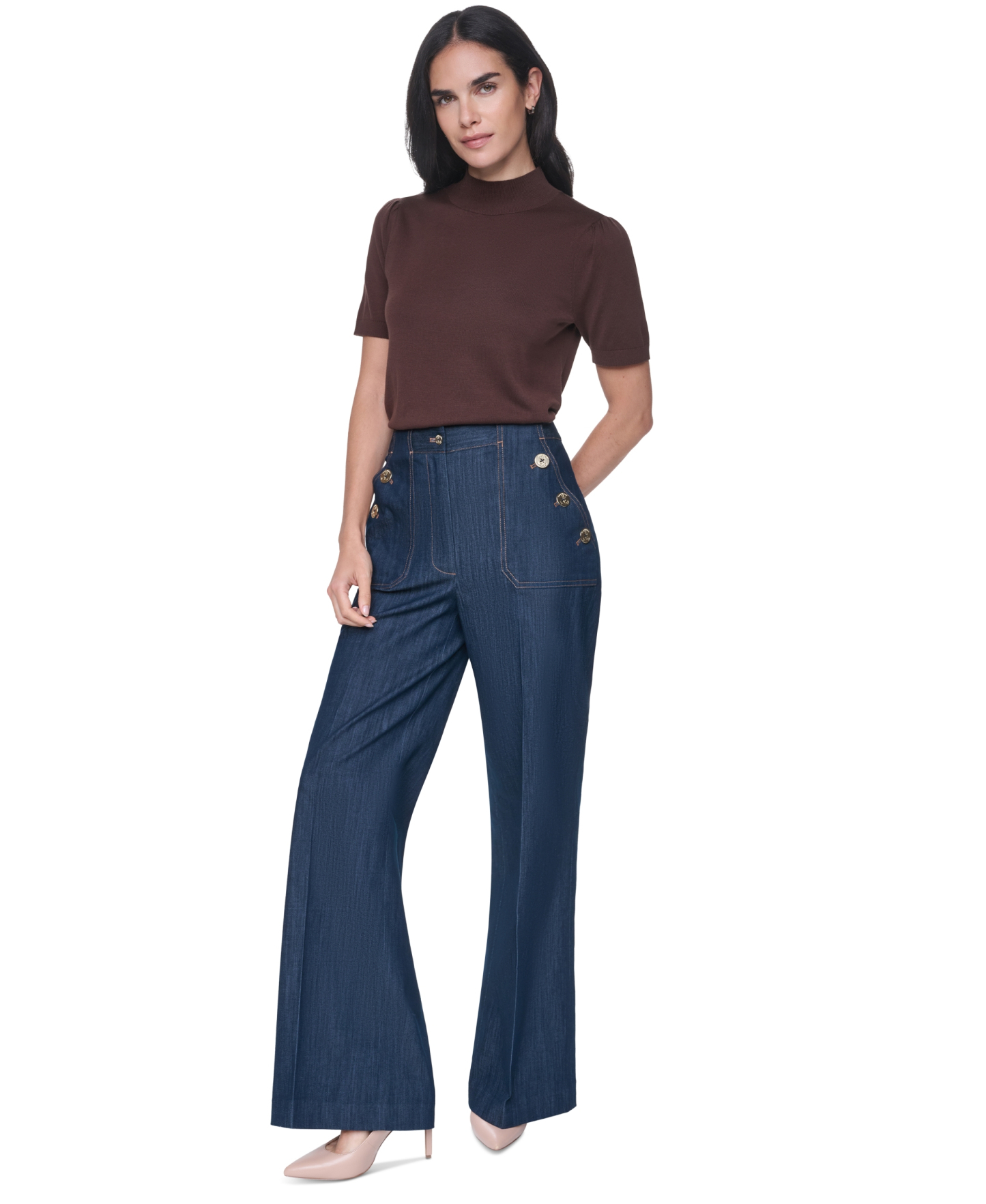 Tommy Hilfiger Women's Short-Sleeve Mock-Neck Puff-Sleeve Sweater - Chicory