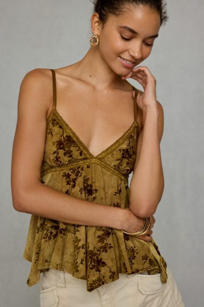Kimchi Blue Celia Floral Burnout Lace Trim Babydoll Cami - Olive