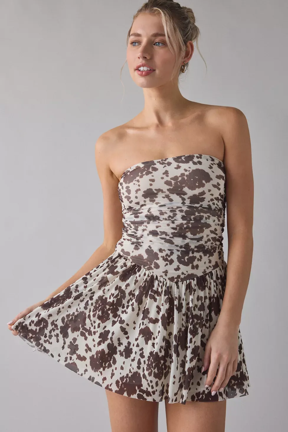 UO Modern Mesh Basque Waist Strapless Mini Dress - Cow Print