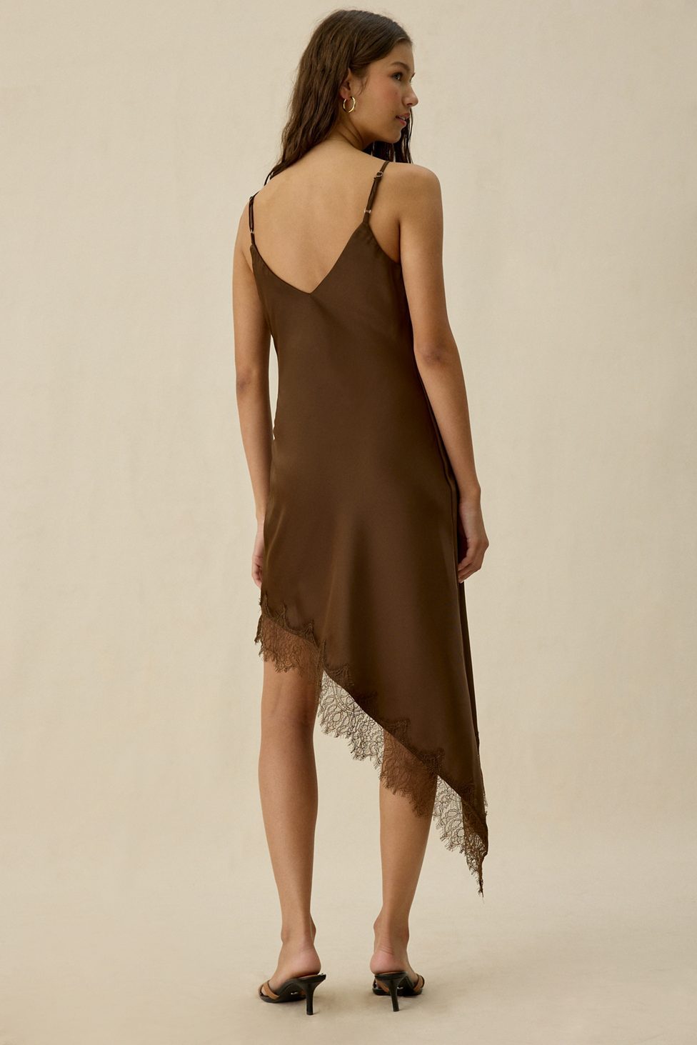 Kiss The Sky Jazmin Asymmetric Lace Trim Slip Midi Dress - Chocolate